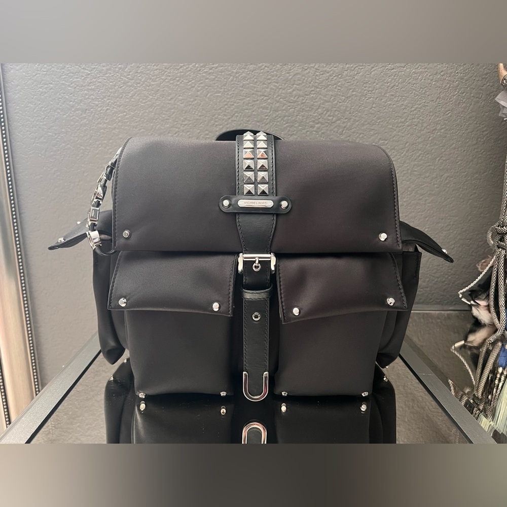 NWOT Vintage Micheal Kors Olivia Medium Silver Studded Satin Black Backpack